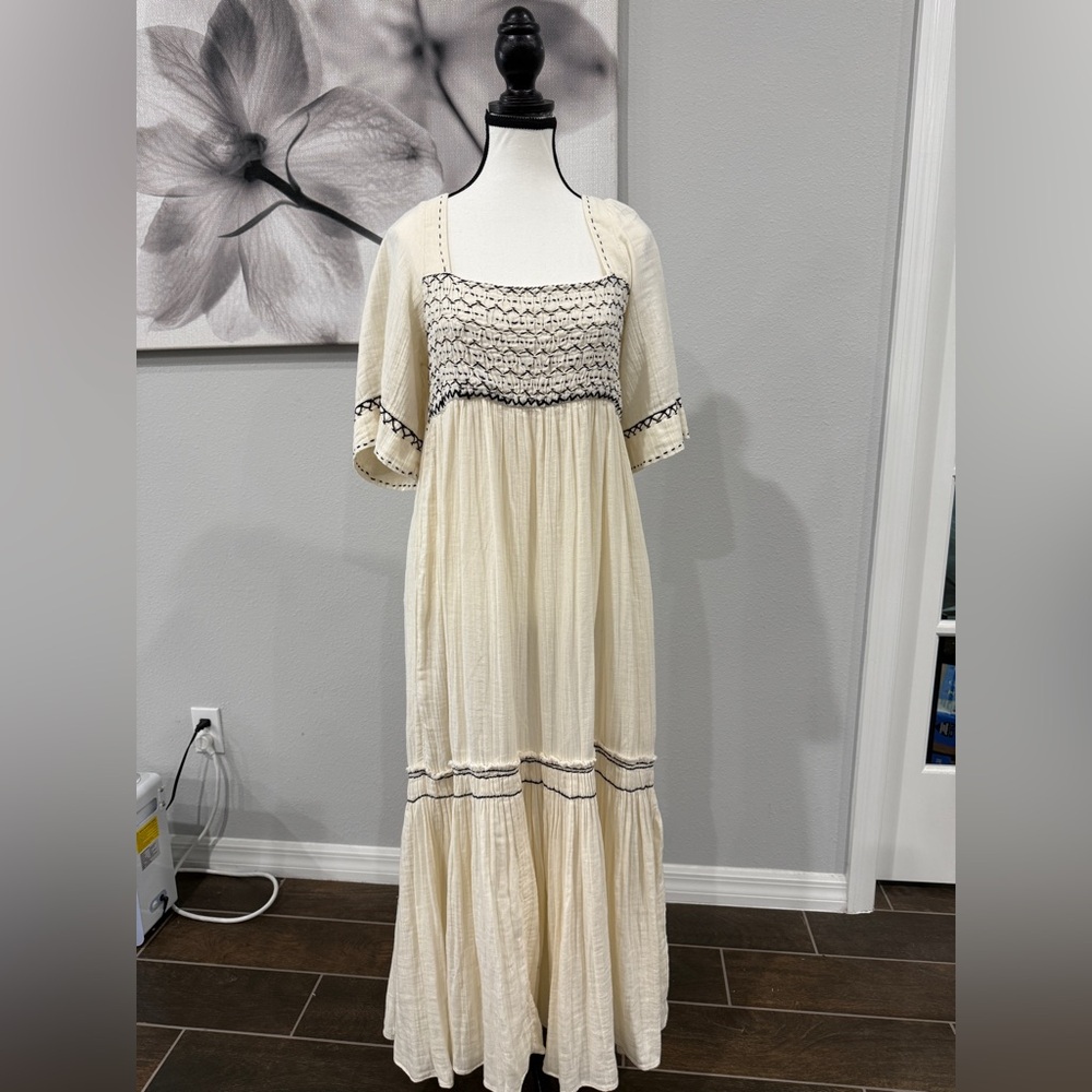 Like New Free People Cream Maxi Dress with Black Embroidery